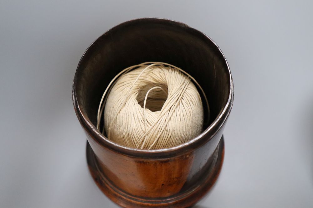 A 19th century lignum vitae string box, 18cm, and a similar tobacco? jar and cover